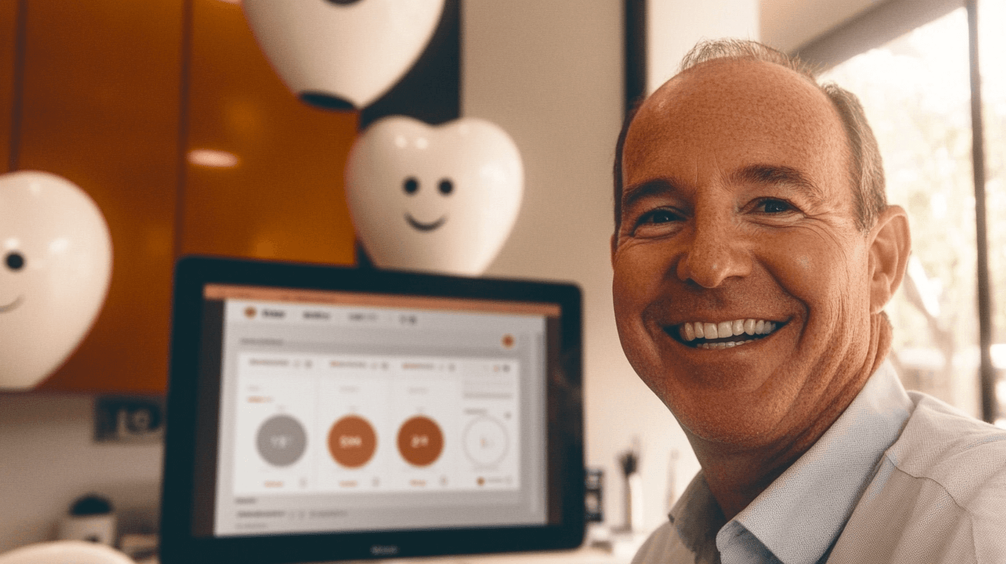 Happy clinic owner checking Cog Dental dashboard